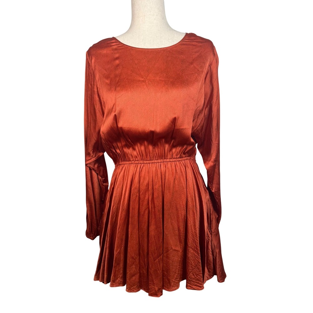 Caballero Dress Mini Womens Medium Rust Orange Viscose Satin Classic Long Sleeve